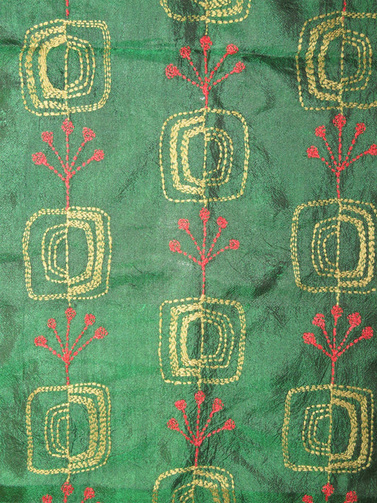 Green Silk Kantha Hand Embroidery Stole with Tassels