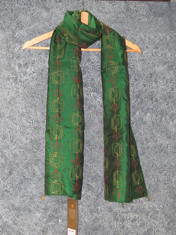 Green Silk Kantha Hand Embroidery Stole with Tassels